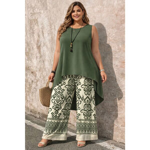 Stretch Silk Charmeuse Scoop Neck Tank top and wide leg pants 2 piece -4XL